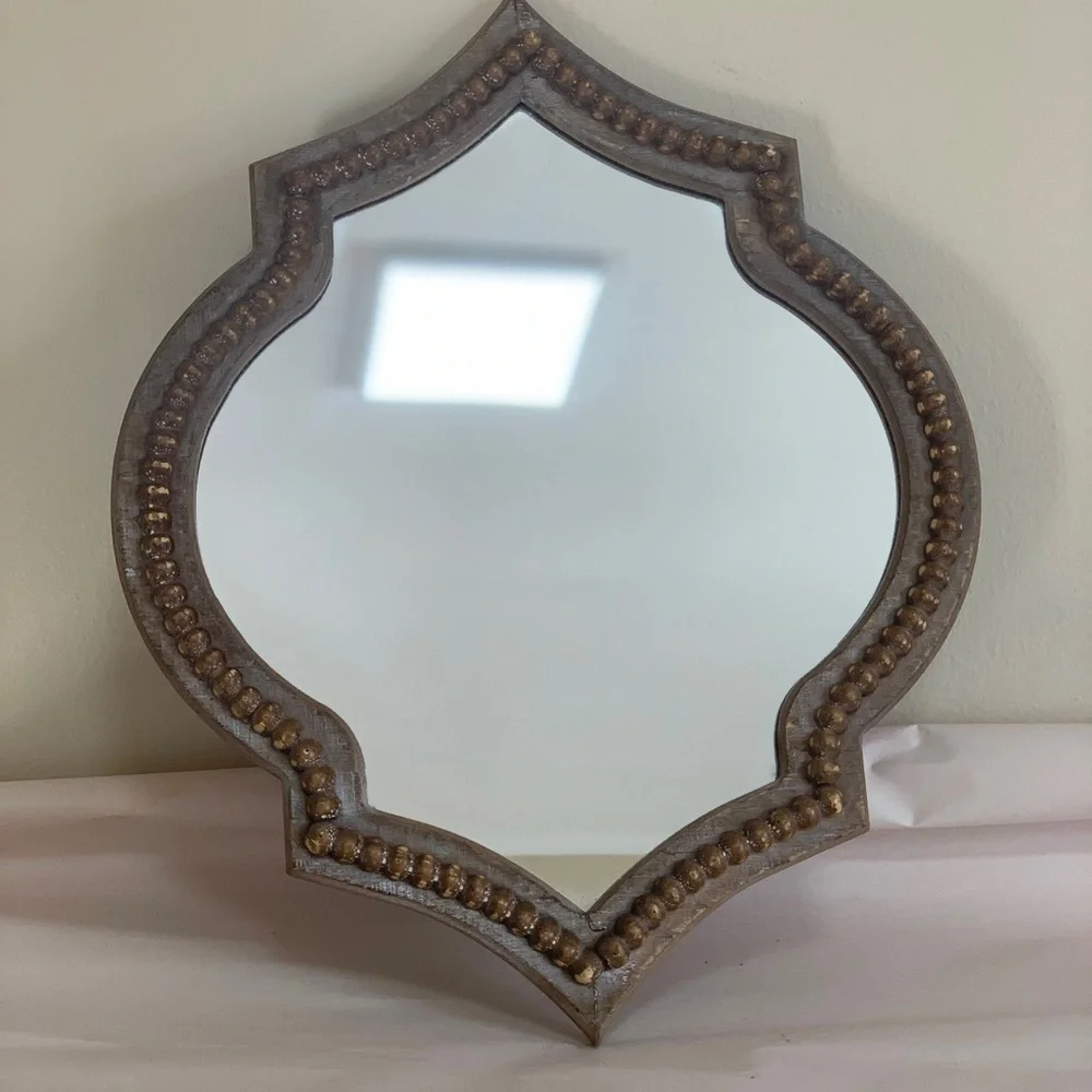 At Home Moroccan Quatrefoil Wall Mirror 16”Accent Distressed Wood beaded Rustic